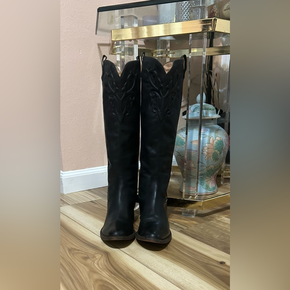 RARE Lucchese Spirit Black Leather Western OTK Boots Size 8